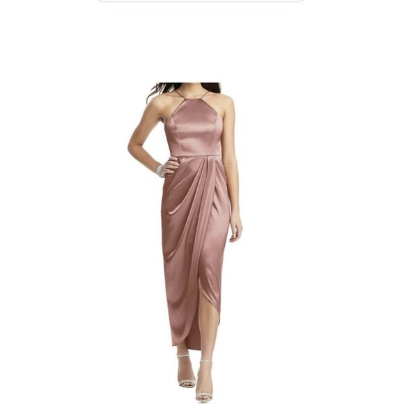After Six Womens Halter Midi Stretch Draped Tulip Satin Gown Dessert Rose SZ 10 - Picture 1 of 9